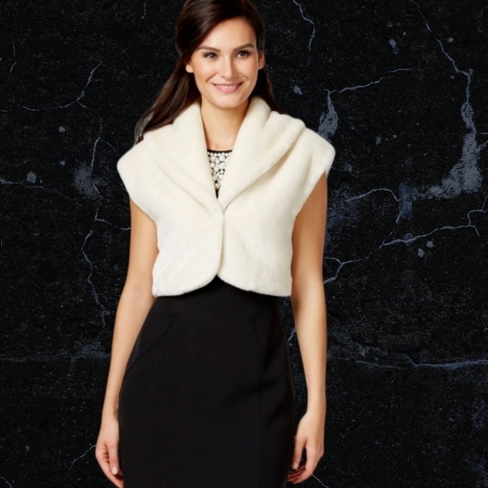 ALFANI Prima Cloud Cap-Sleeve Cropped Faux-Fur Bolero Large Ivory New with Tags